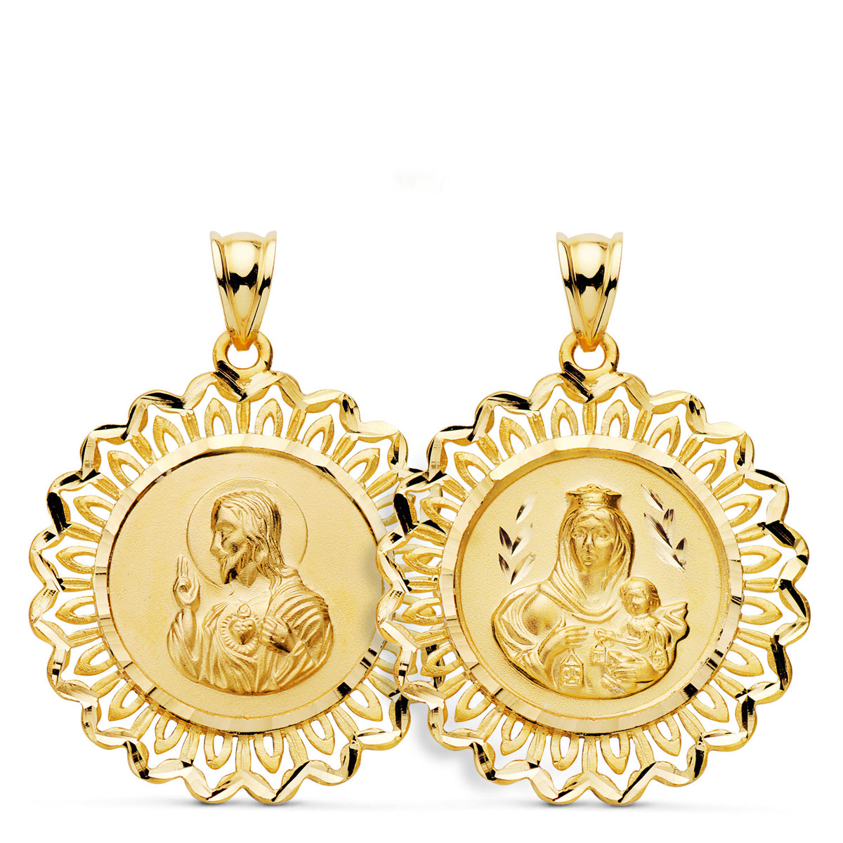 Medalla Escapulario Cerco Corazon de Jesus y V Carmen 31 x 28 mm de oro amarillo 18K