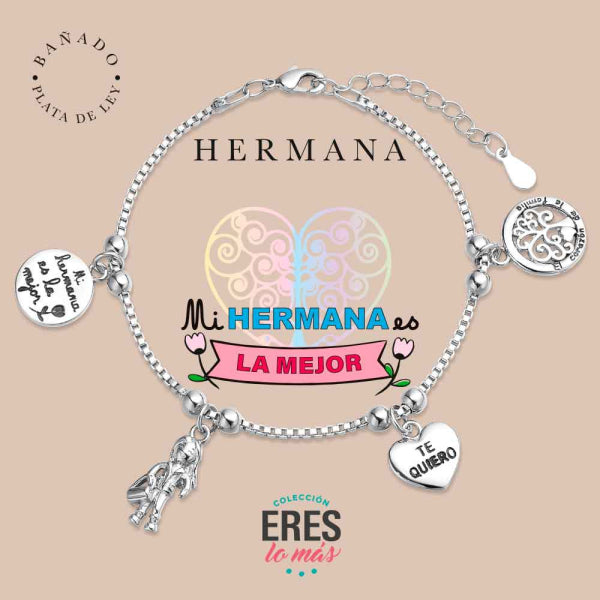 Pulsera eres lo más familia hermana metal bañado en plata con cuatro colgantes
