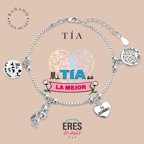 Pulsera eres lo más familia tía metal bañado en plata con cuatro colgantes