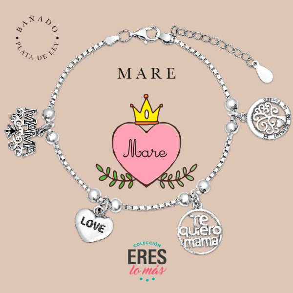 Pulsera eres lo más mare metal bañado en plata con cuatro colgantes