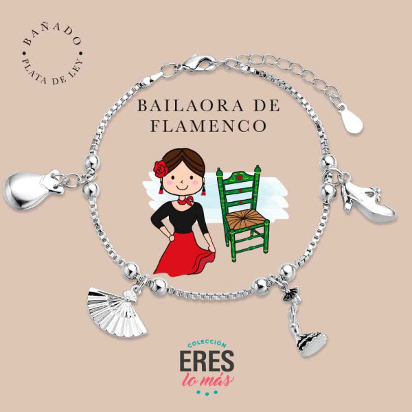Pulsera eres lo más bailaora metal bañado en plata con cuatro colgantes