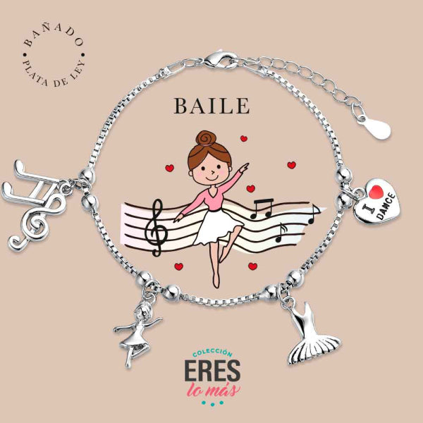 Pulsera eres lo más baile metal bañado en plata con cuatro colgantes