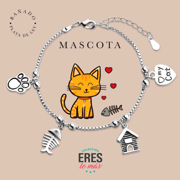 Pulsera eres lo más mascota gato metal bañado en plata con cuatro colgantes