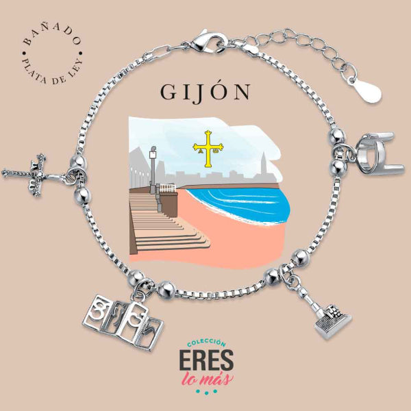 Pulsera eres lo más Gijón metal bañado en plata con cuatro colgantes