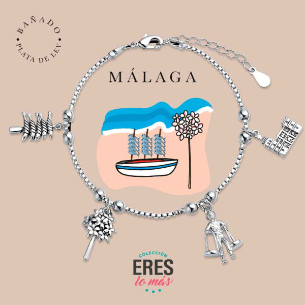 Pulsera eres lo más Málaga metal bañado en plata con cuatro colgantes