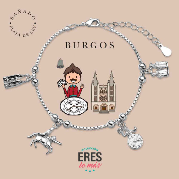 Pulsera eres lo más Burgos metal bañado en plata con cuatro colgantes