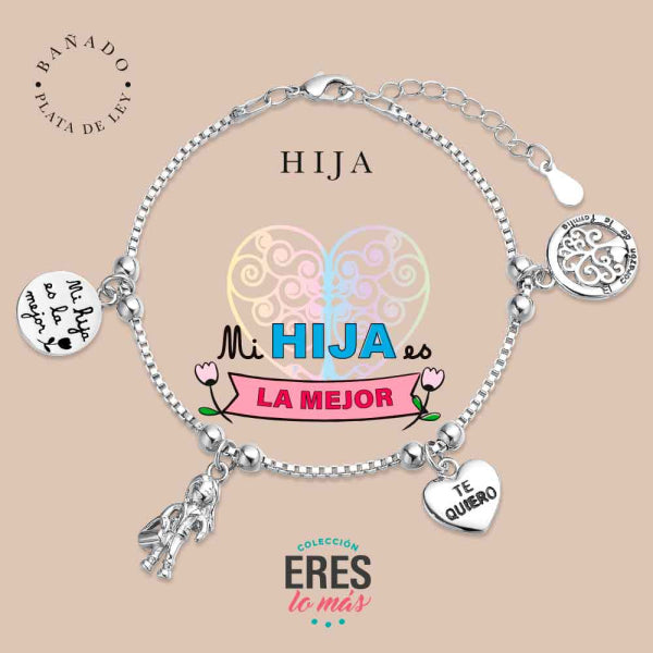 Pulsera eres lo más familia hija metal bañado en plata con cuatro colgantes