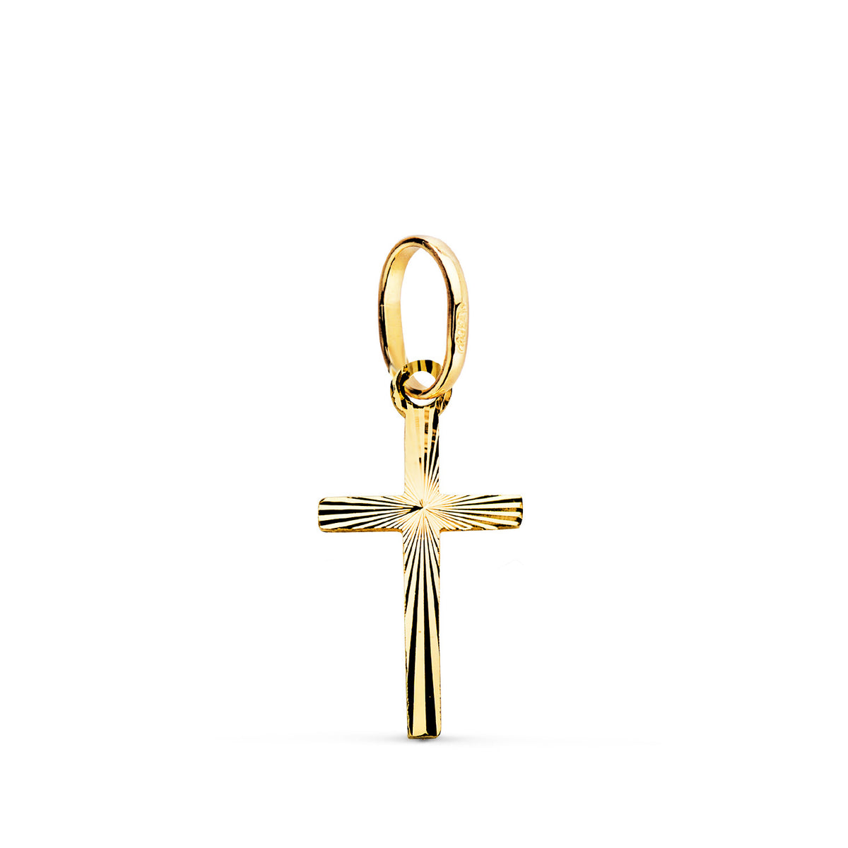 Cruz Mini Tallada. Medida: 16 x 8 mm. Grosor: 0,5 mm de oro amarillo 18K