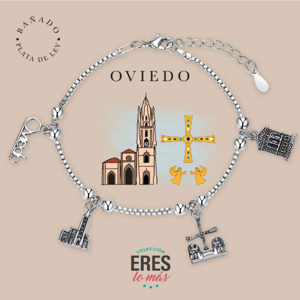 Pulsera eres lo más Oviedo metal bañado en plata con cuatro colgantes