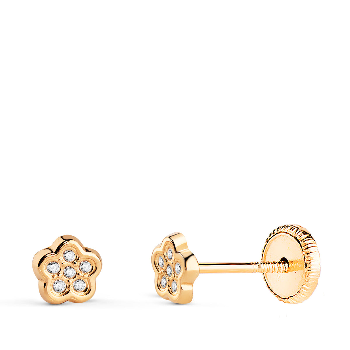 Pendientes Flor con Circonitas Medida: 5 x 4,5 mm. Cierre Tuerca de oro amarillo 18K
