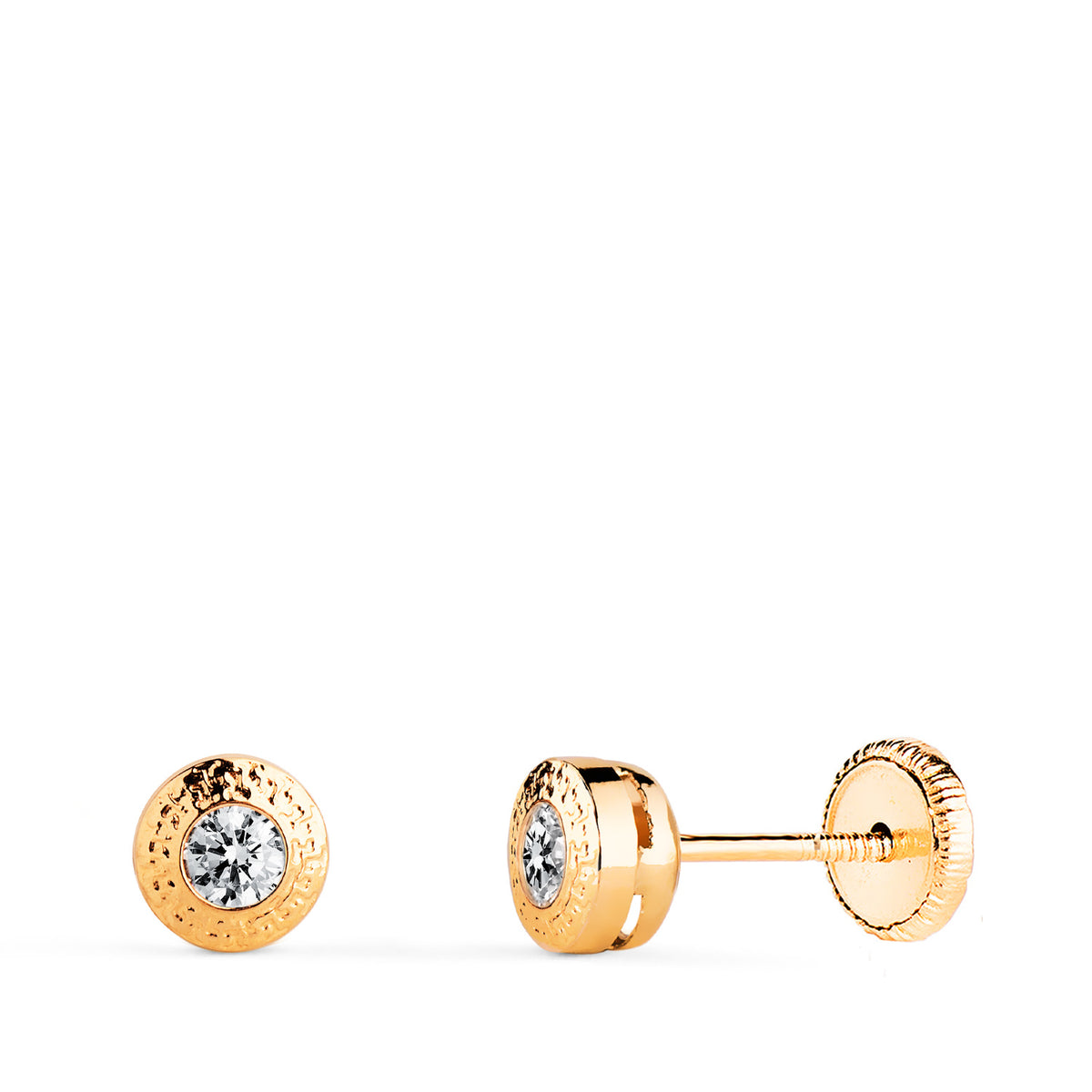 Pendientes Chaton Redondos 5 mm con Greca y Circonita. Cierre Tuerca de oro amarillo 18K