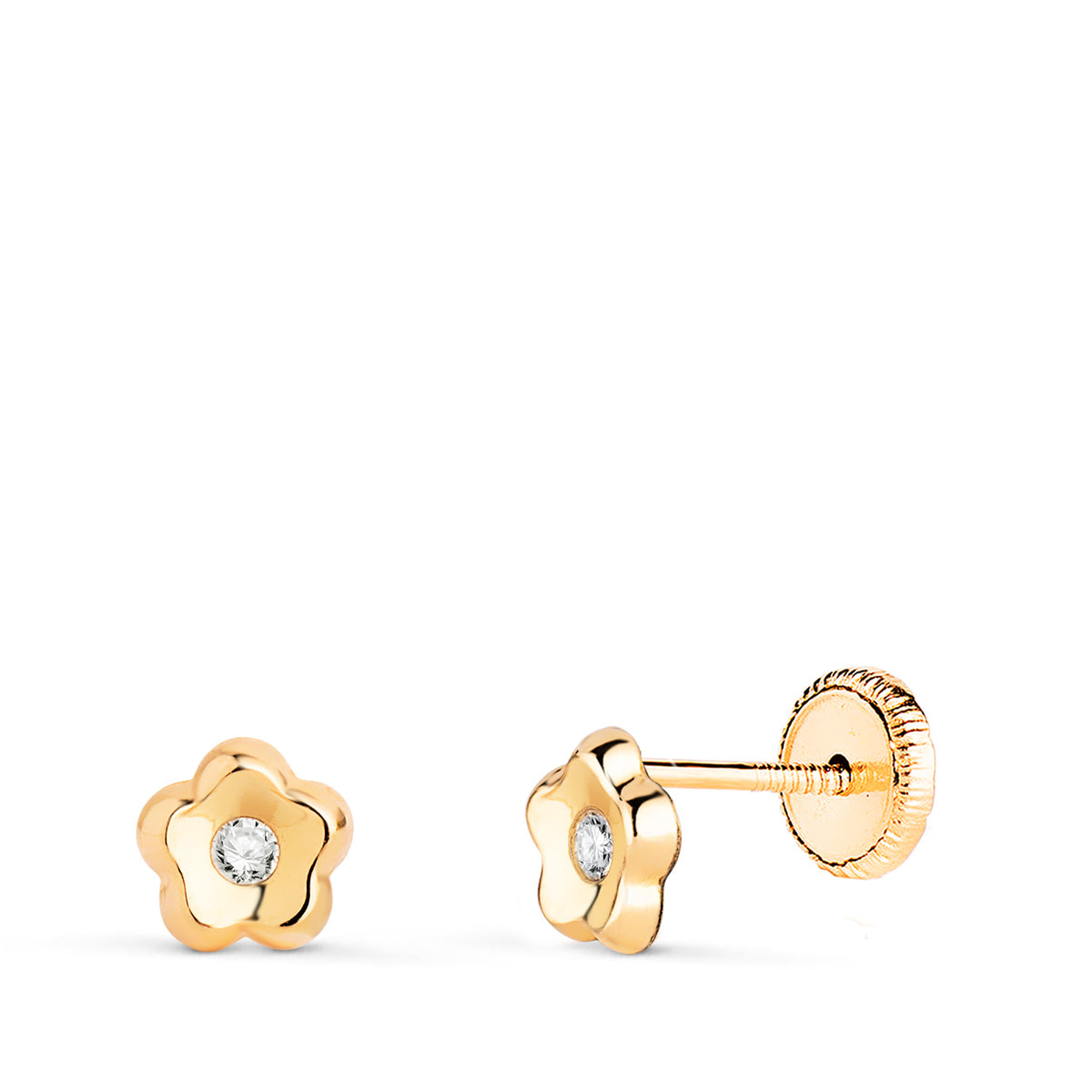 Pendientes Flor con Circonita en Brillo. Medida: 5,2 x 5,2 mm. Cierre Tuerca de oro amarillo 18K