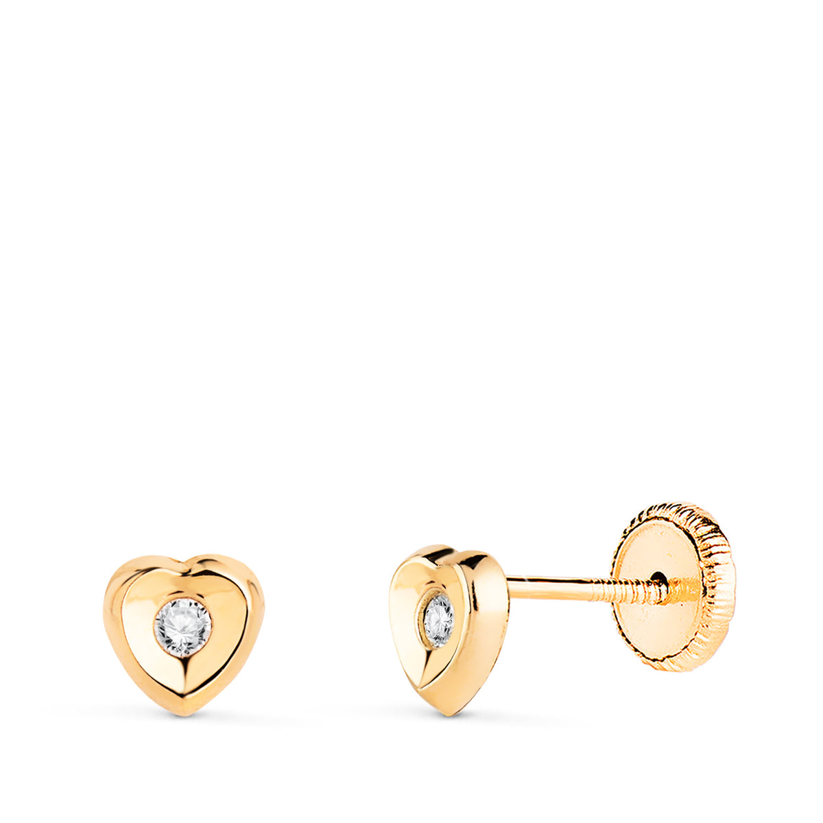 Pendientes Corazon con Circonita en Brillo. Medida: 5 x 5 mm. Cierre Tuerca de oro amarillo 18K