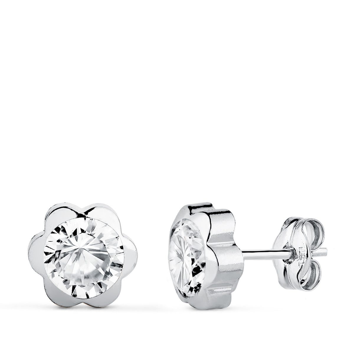Pendientes Chaton Margarita con Circonita. Medida: 7,5 x 7,5 mm. de oro blanco 18K