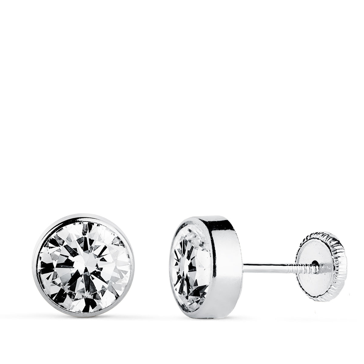 Pendientes Circonita Chaton Redondos 7 mm Cierre Tuerca de oro blanco 18K