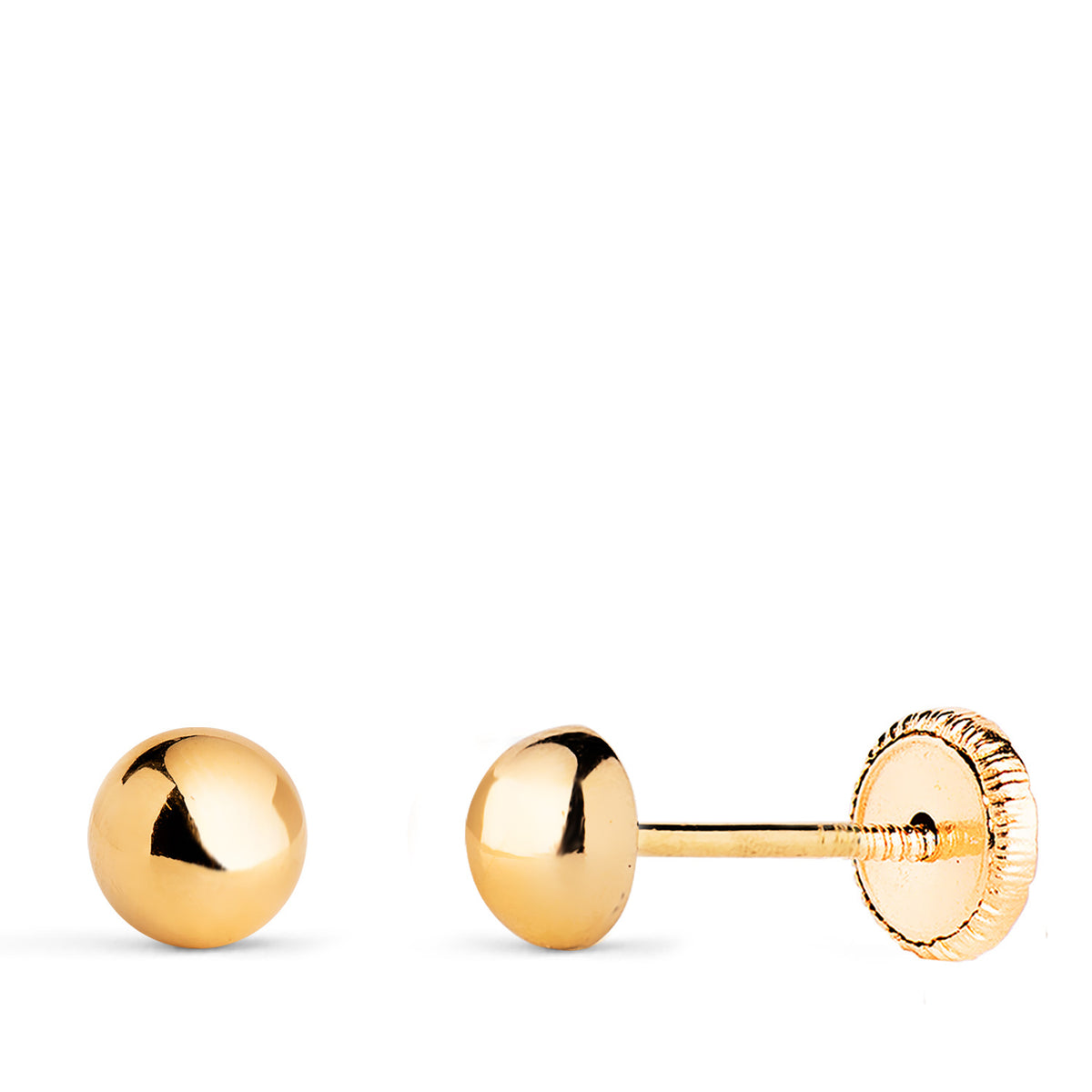 Pendientes Media Bola Lisa Hueca. Ancho: 5 mm. Cierre Tuerca de oro amarillo 18K