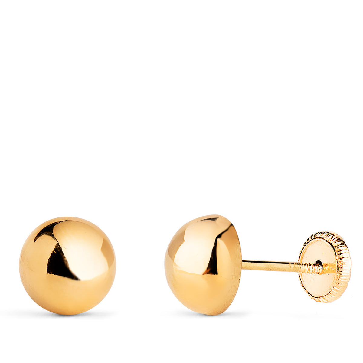 Pendientes Media Bola Lisa Hueca. Ancho: 7 mm. Cierre Tuerca de oro amarillo 18K