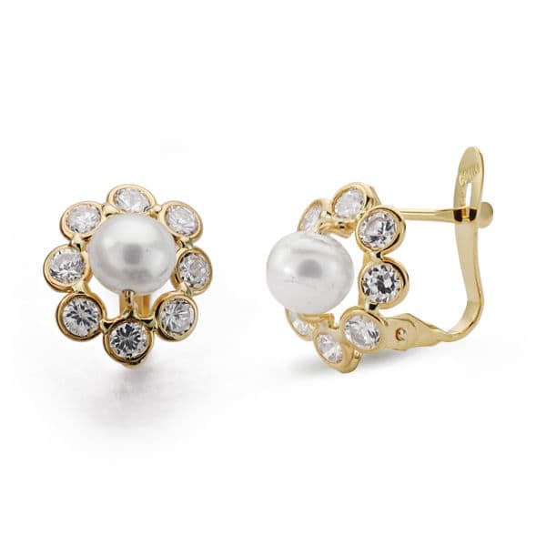 Pendientes Perla Circonita 11 x 9 mm de oro amarillo 18K