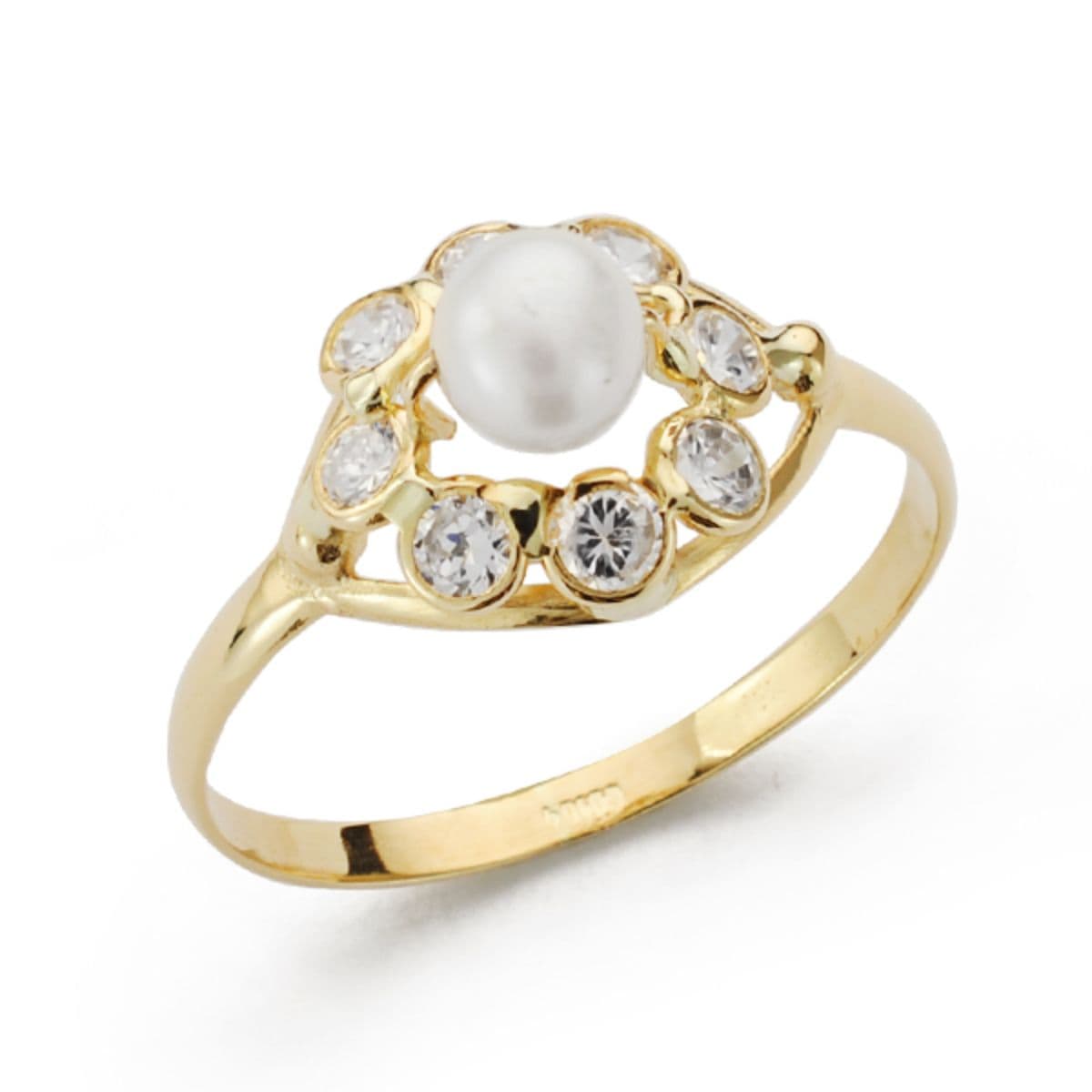 Sortija Perla 4 mm con Circonitas. Ancho: 10 mm de oro amarillo 18K