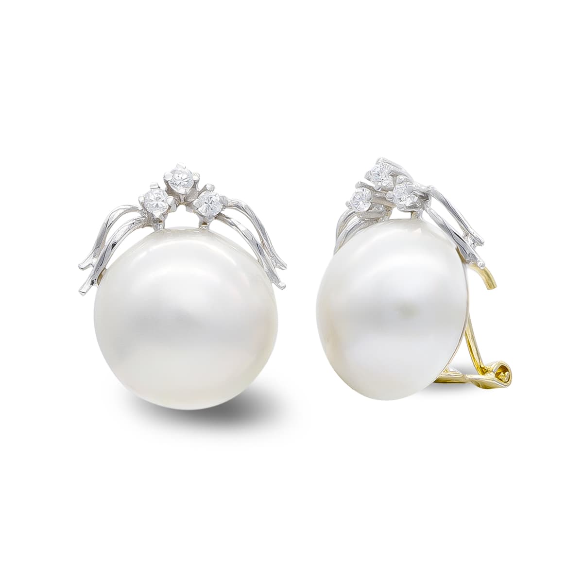 18K PENDIENTES ORO BICOLOR PERLA JAPONESA 14-16 MM Y CIRCONITA CIERRE OMEGA