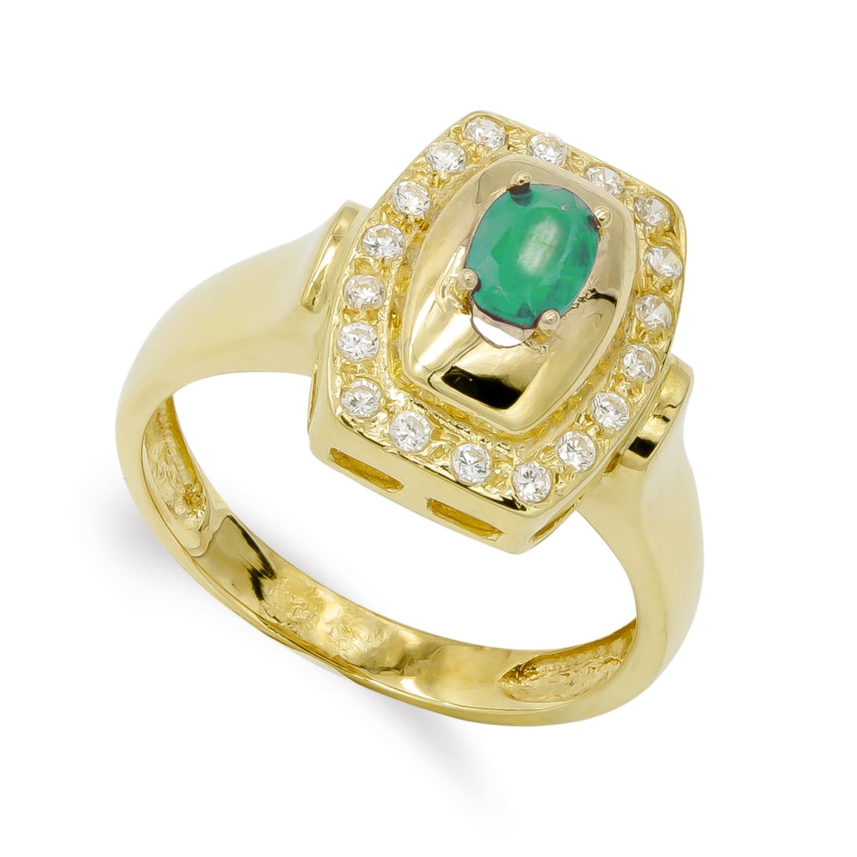 Sortija con Circonitas y Esmeralda de 6 x 4 mm de oro amarillo 18K