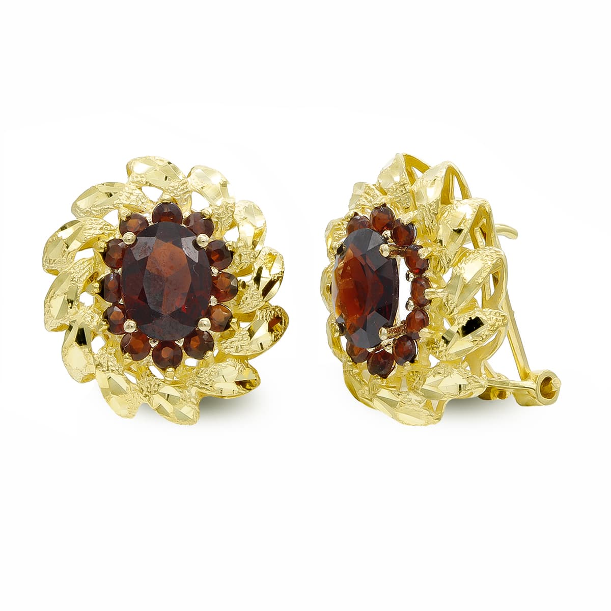 18K PENDIENTES ORO AMARILLO Y PIEDRA OVAL CON CIRCONITA Y HOJAS CIERRE OMEGA