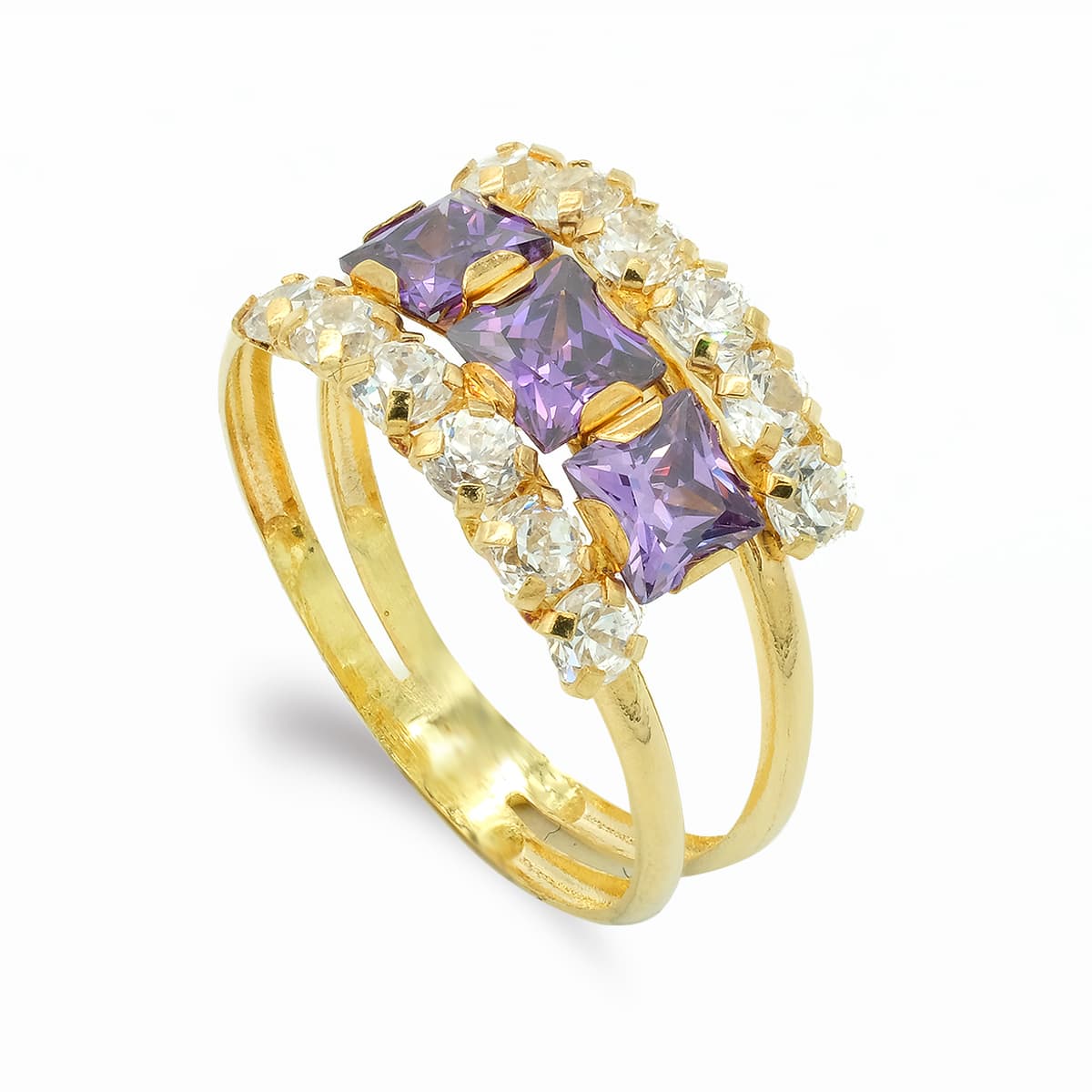 Sortija Doble Cuerpo con Circonita Amatista y Blancas. Ancho: 10 mm de oro amarillo 18K