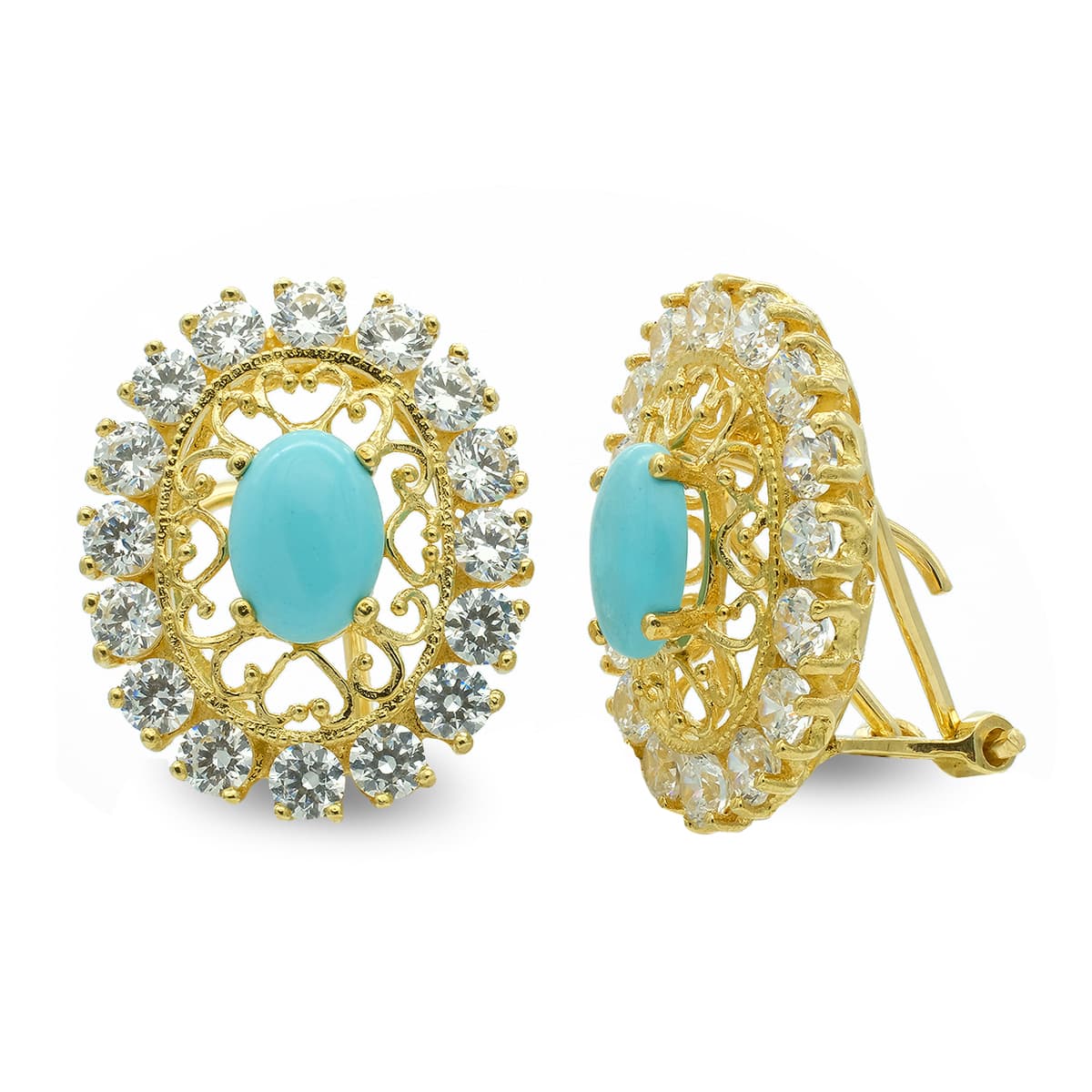 18K PENDIENTES ORO AMARILLO TURQUESA FILIGRANA CIERRE OMEGA