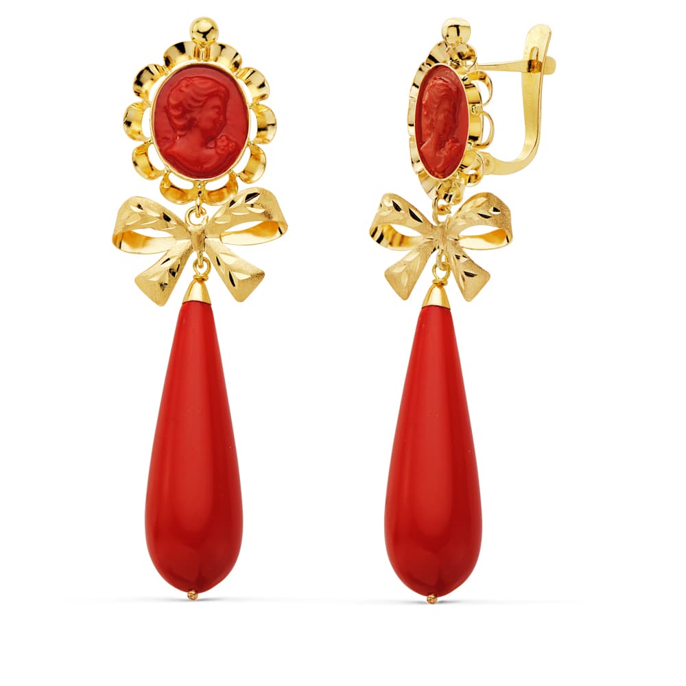 Pendientes Cubanas Camafeo Lazo Coralina 62 x 18 mm de oro amarillo 18K