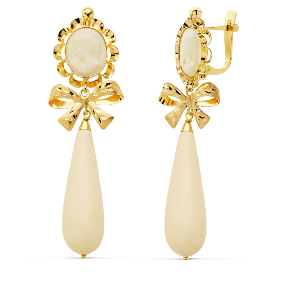 18K PENDIENTES ORO AMARILLO CAMAFEO LAZO MARFIL 62X18 CIERRE CATALAN