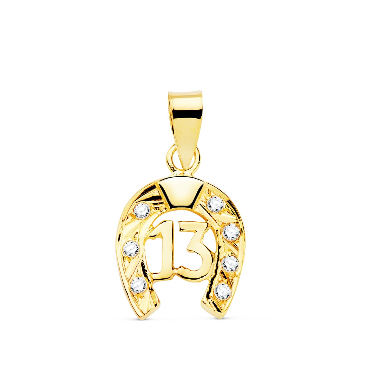 18K COLGANTE AMULETO ORO AMARILLO HERRADURA CON CIRCONITA Y Nº 13. 13X11 MM