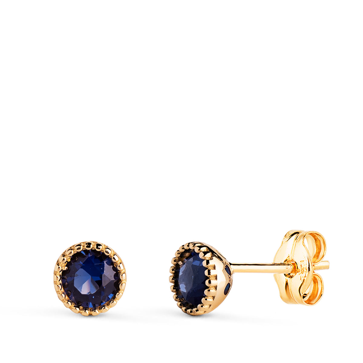Pendientes Redondos Piedra Azul Bordes Bolitas. Medida: 5 mm. de oro amarillo 18K