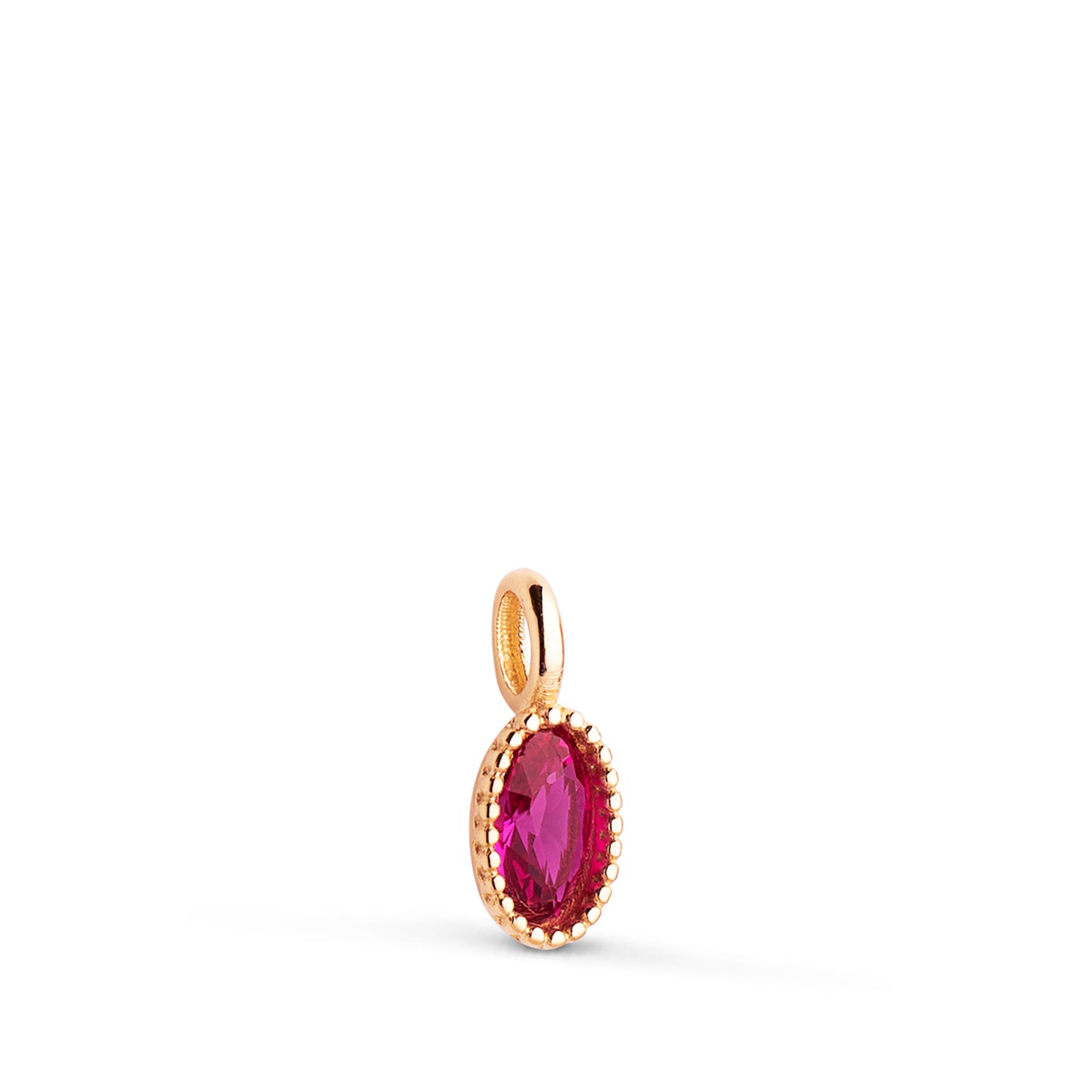 18K COLGANTE ORO AMARILLO OVAL PIEDRA ROJA BORDES BOLITAS. MEDIDA: 9 X 4MM