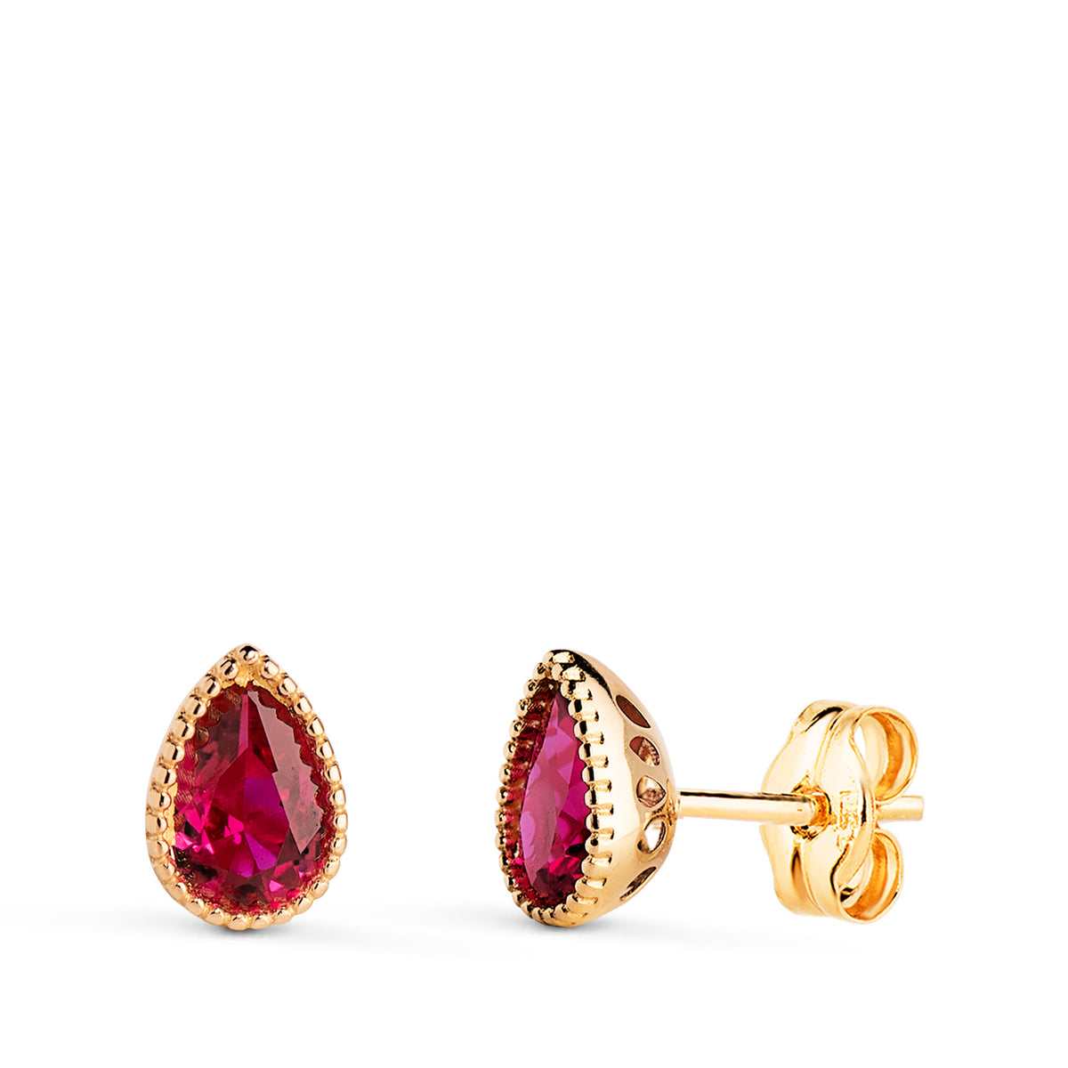Pendientes Gota Piedra Roja Bordes Bolitas. Medida: 7 x 5 mm. de oro amarillo 18K