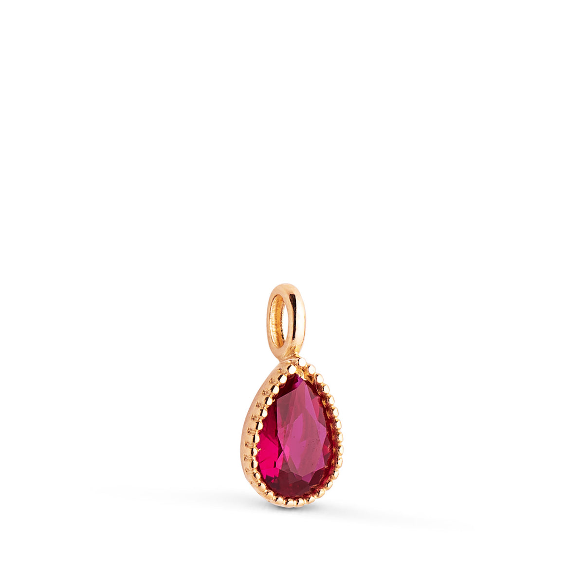 Colgante Gota Piedra Roja Bordes Bolitas. Medida: 11 x 5 mm de oro amarillo 18K