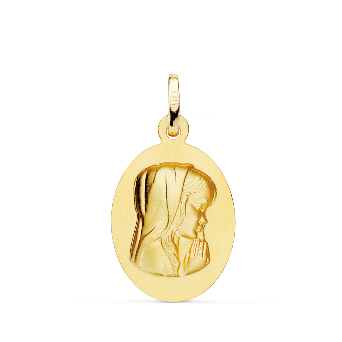 Medalla Virgen Niña Oval Lisa Matizada. Medida: 23 x 15 mm de oro amarillo 18K