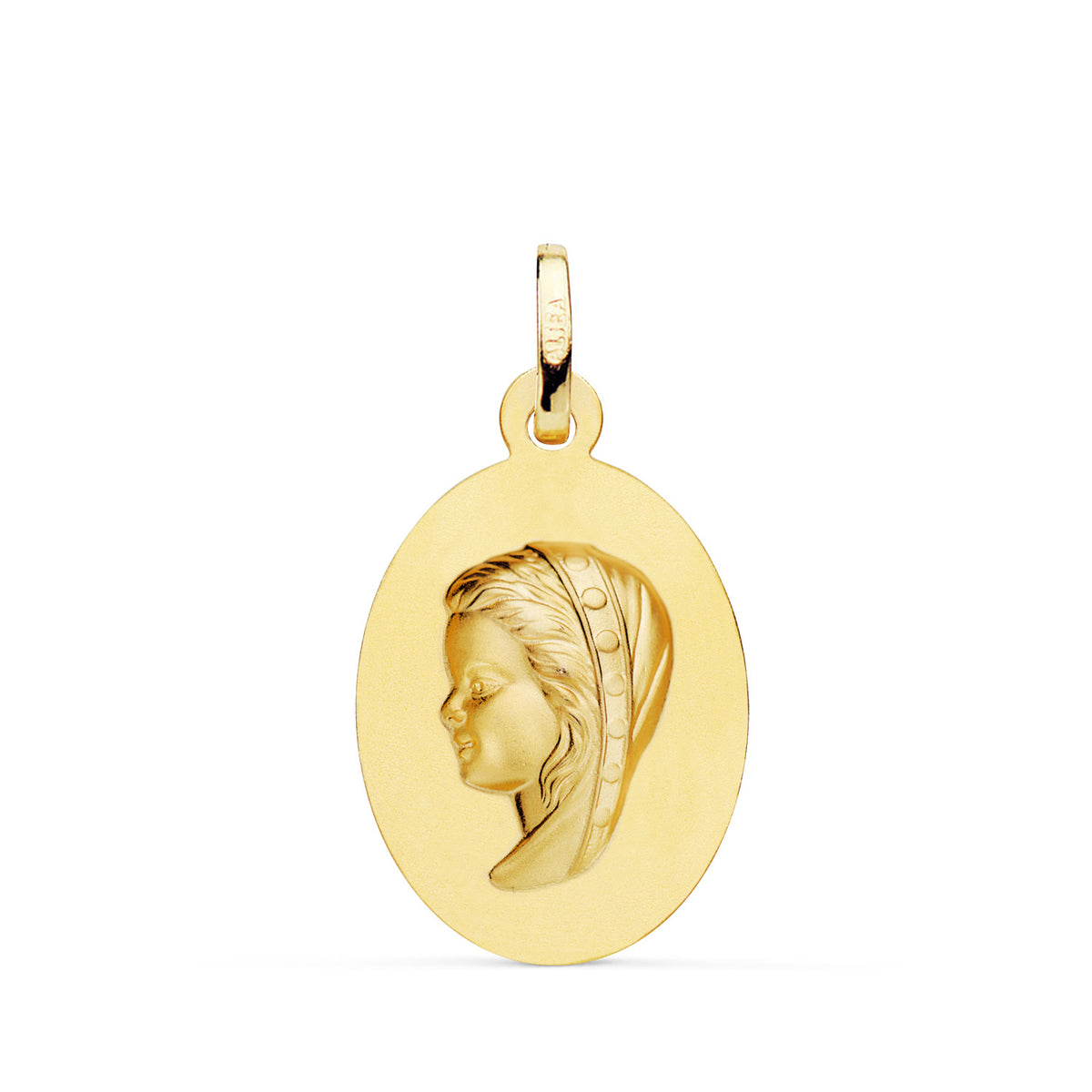 Medalla Virgen Niña Oval Lisa Matizada. Medida: 23 x 15 mm de oro amarillo 18K