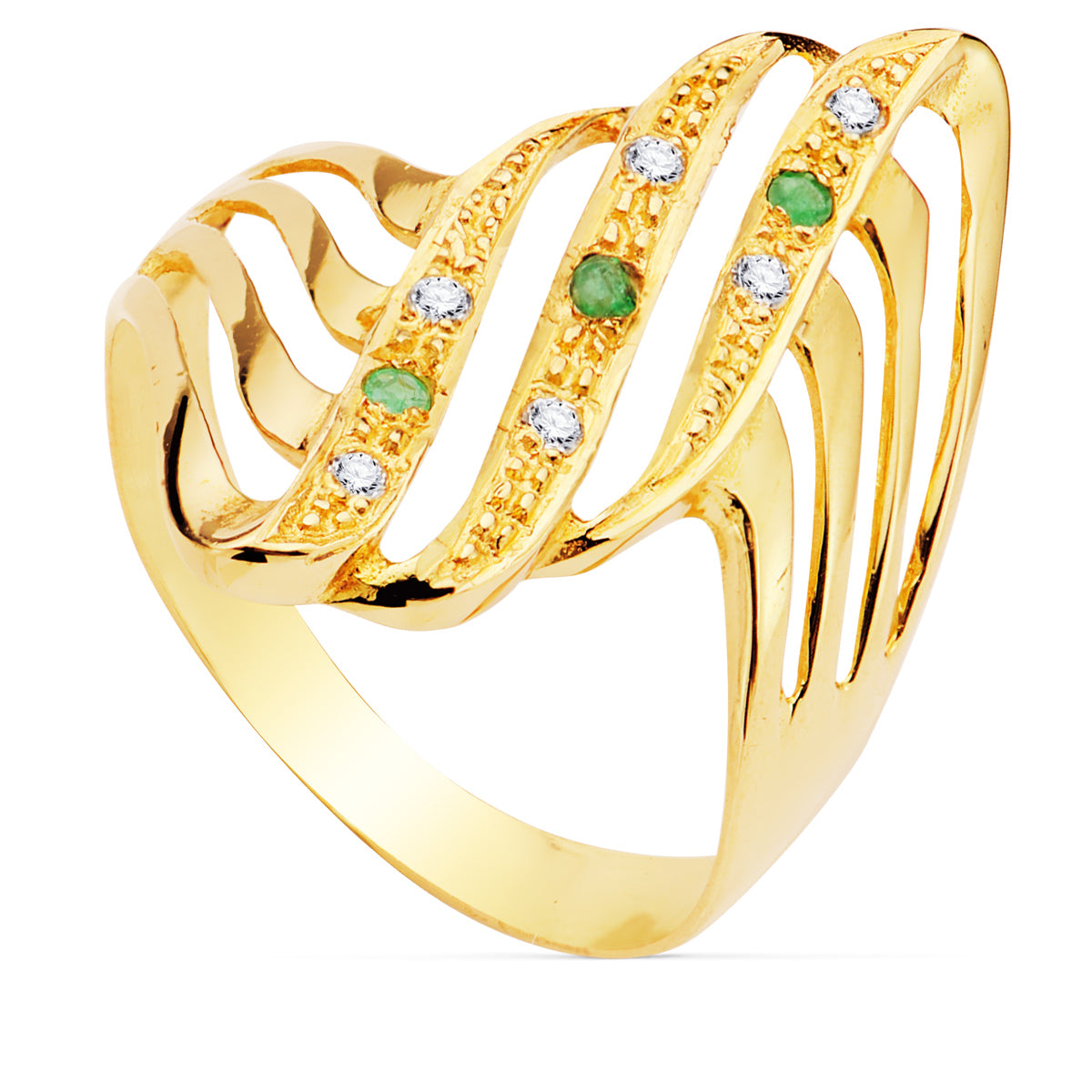Sortija Lanzadera con Circonita y Esmeraldas. Ancho 24 mm de oro amarillo 18K