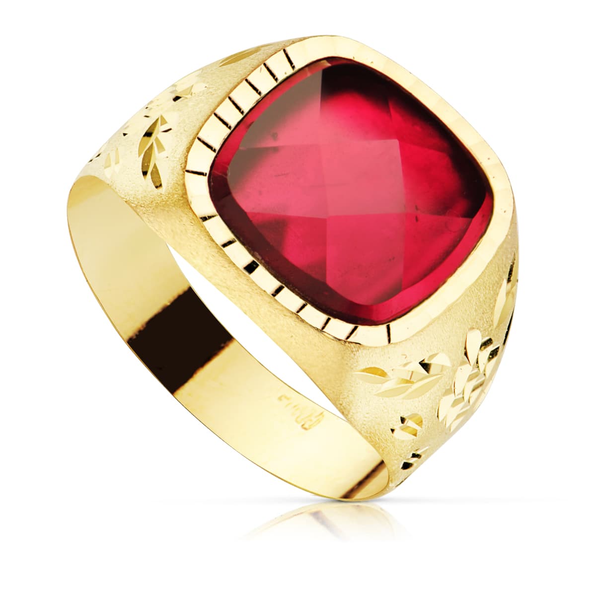 18K SELLO ORO AMARILLO CABALLERO PIEDRA RUBI SPINEL 11 X 11 MM