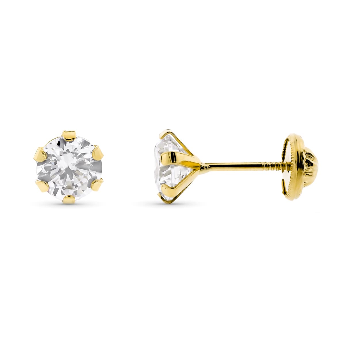 9K PENDIENTES ORO AMARILLO 6 GARRAS CON CIRCONITA 6 MM. CIERRE TUERCA