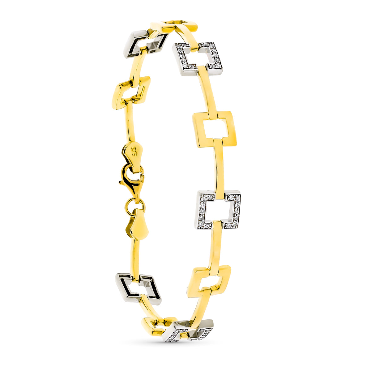 Pulsera Bicolor Cuadrados con Circonita 19 cm 9K