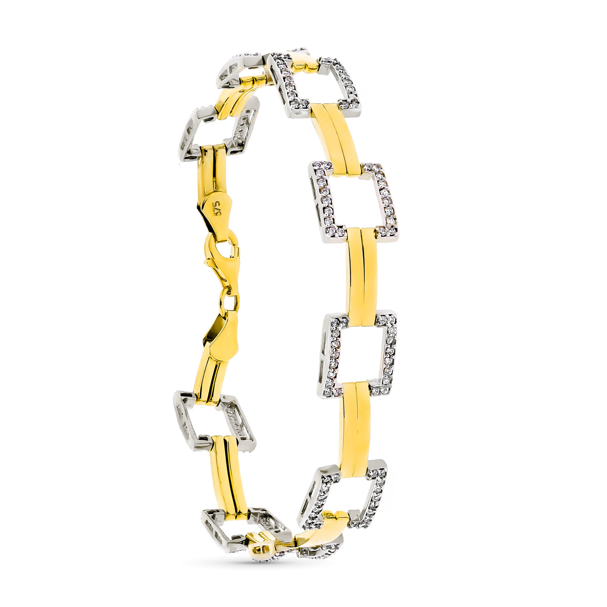 Pulsera Bicolor Cuadrados y Circonita 19 cm 9K