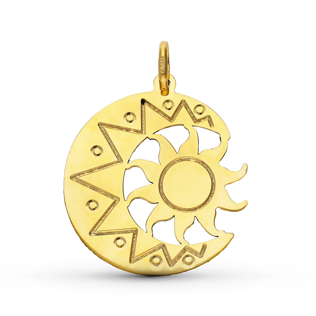 Colgante Luna con Sol en Brillo. Alto: 21 mm de oro amarillo 9K