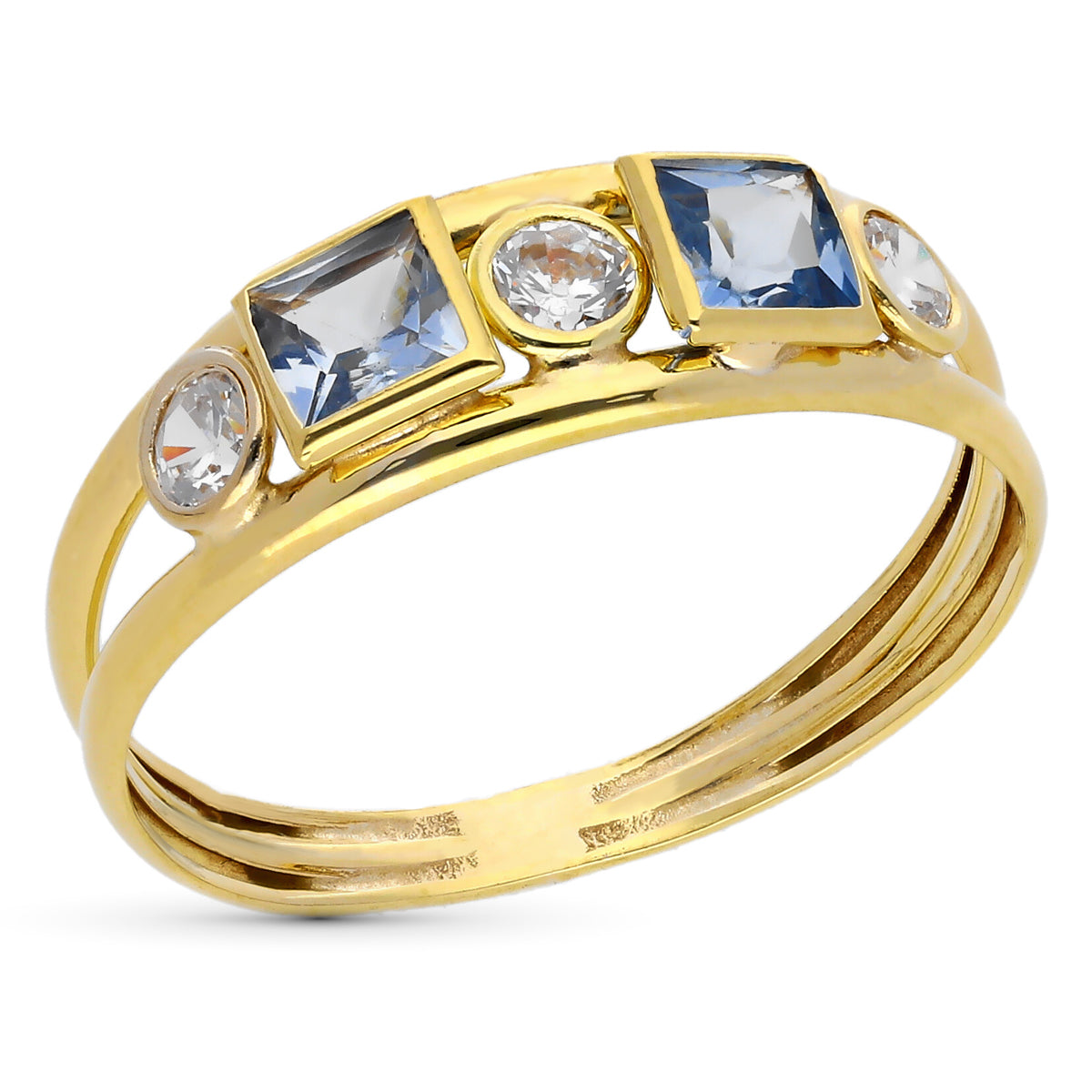 9K SORTIJA ORO AMARILLO DOBLE CUERPO CON CIRCONITAS BLANCAS Y COLOR AGUAMARINA. ANCHO: 4 MM