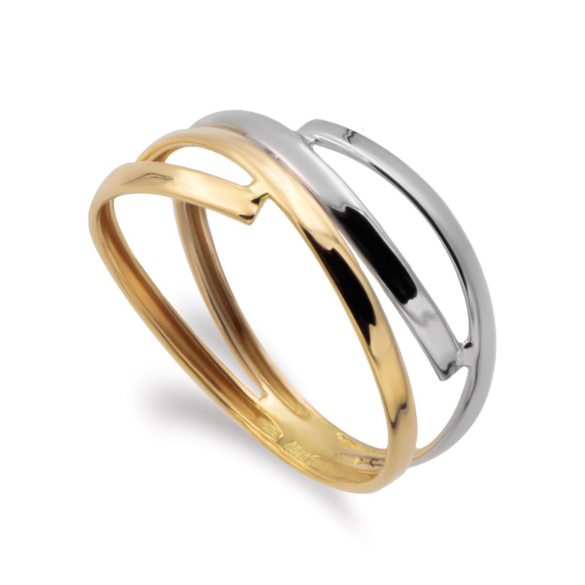 9K SORTIJA ORO BICOLOR BANDAS CRUZADAS EN BRILLO. ANCHO: 8 MM