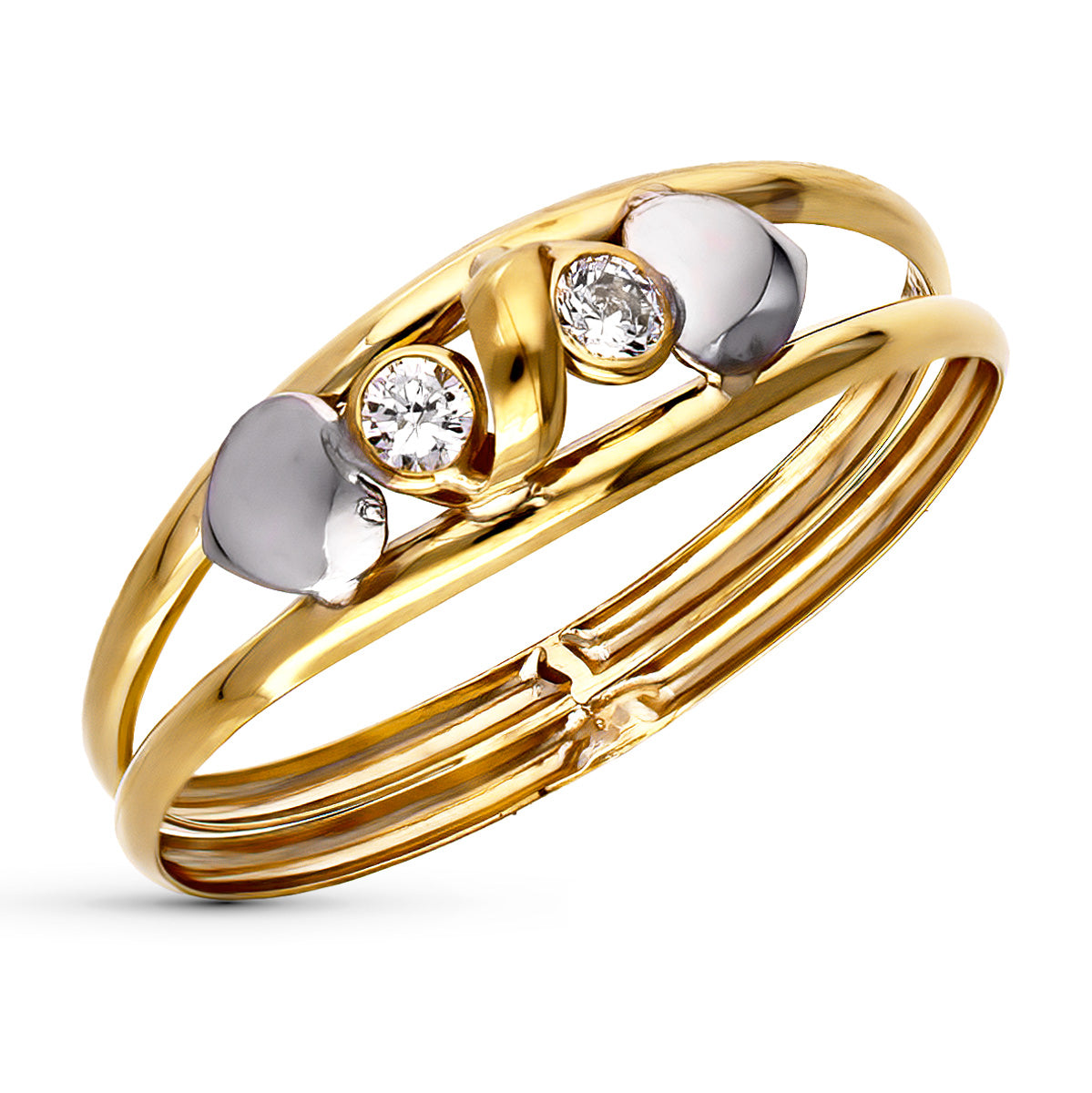 9K SORTIJA ORO BICOLOR DOBLE CUERPO CON CIRCONITAS Y CORAZONES. ANCHO: 6 MM