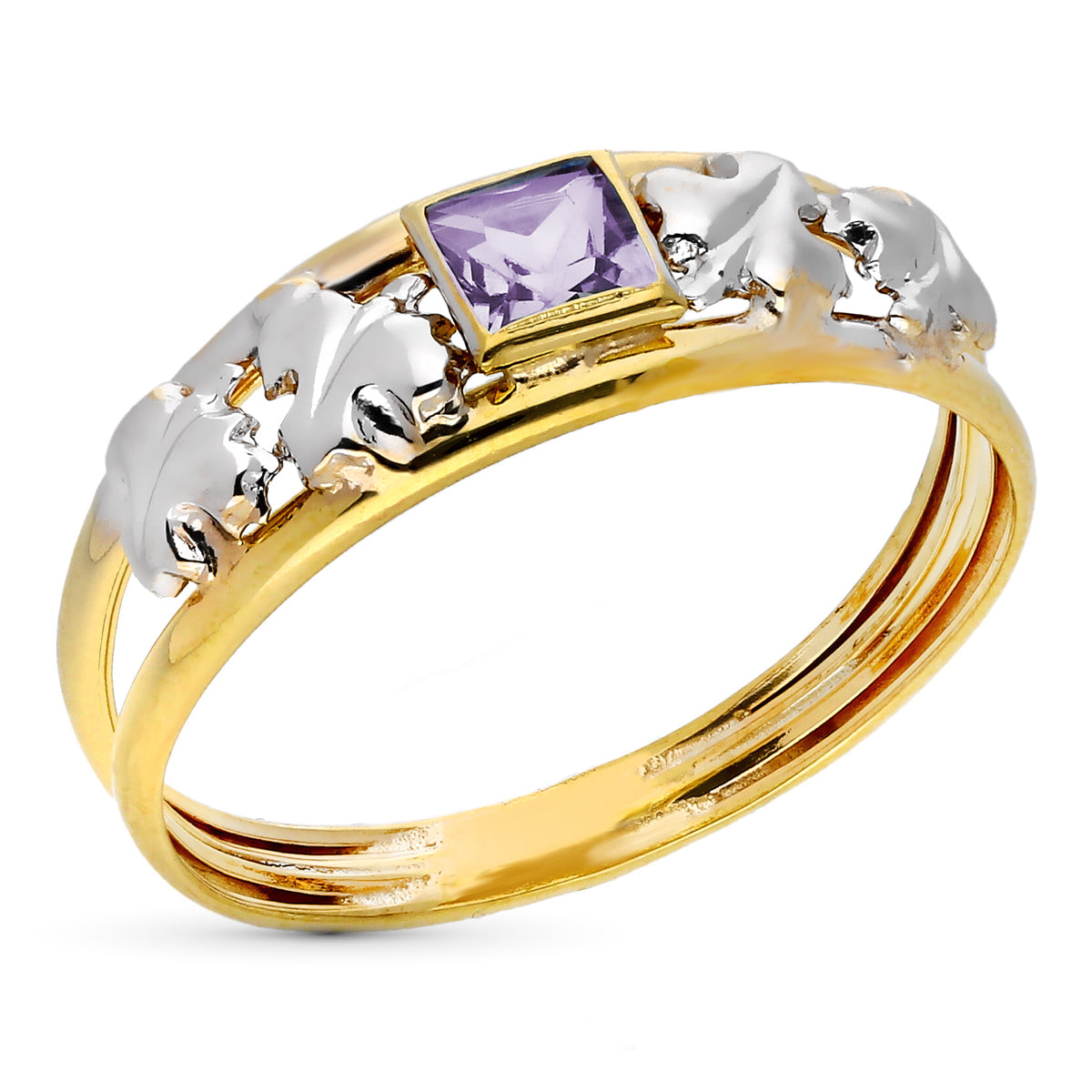 9K SORTIJA ORO BICOLOR DOBLE CUERPO CON CIRCONITA AMATISTA CUADRADA. ANCHO: 6 MM