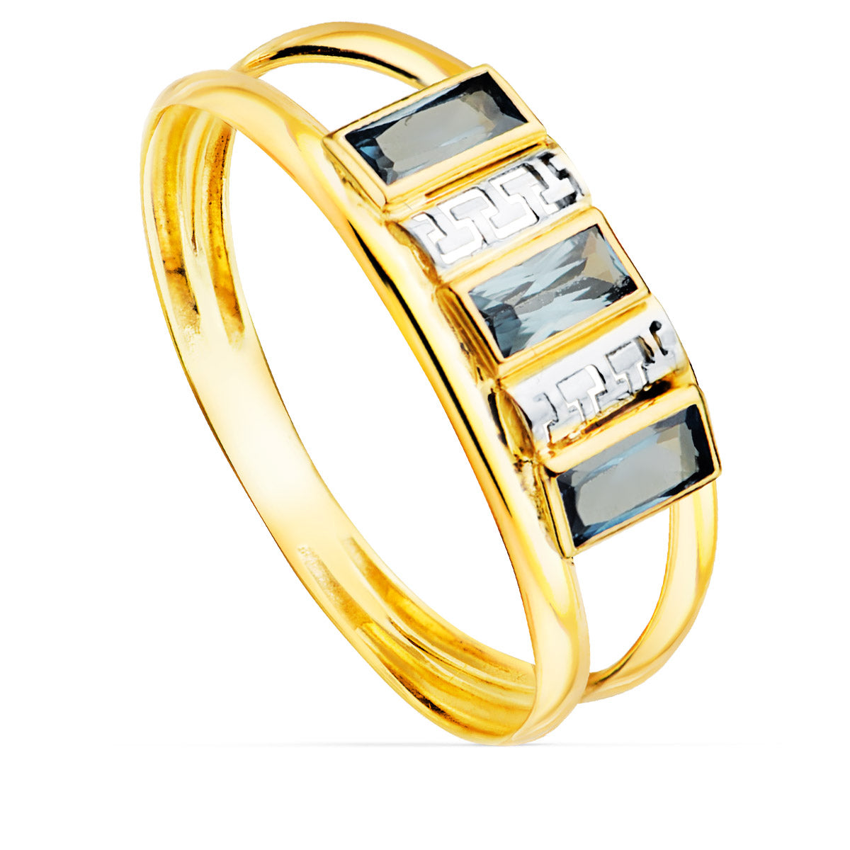 9K SORTIJA ORO BICOLOR DOBLE CUERPO GRECA CALADA CON CIRCONITA AGUAMARINA. ANCHO: 8 MM