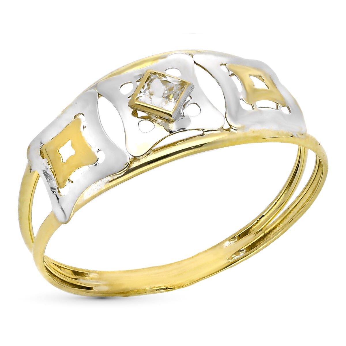 9K SORTIJA ORO BICOLOR DOBLE CUERPO CALADA CON CIRCONITA. ANCHO: 8 MM