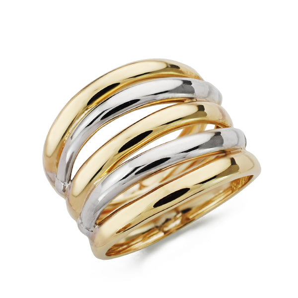 9K SORTIJA ORO BICOLOR CINCO BANDAS EN BRILLO. ANCHO: 17,5 MM